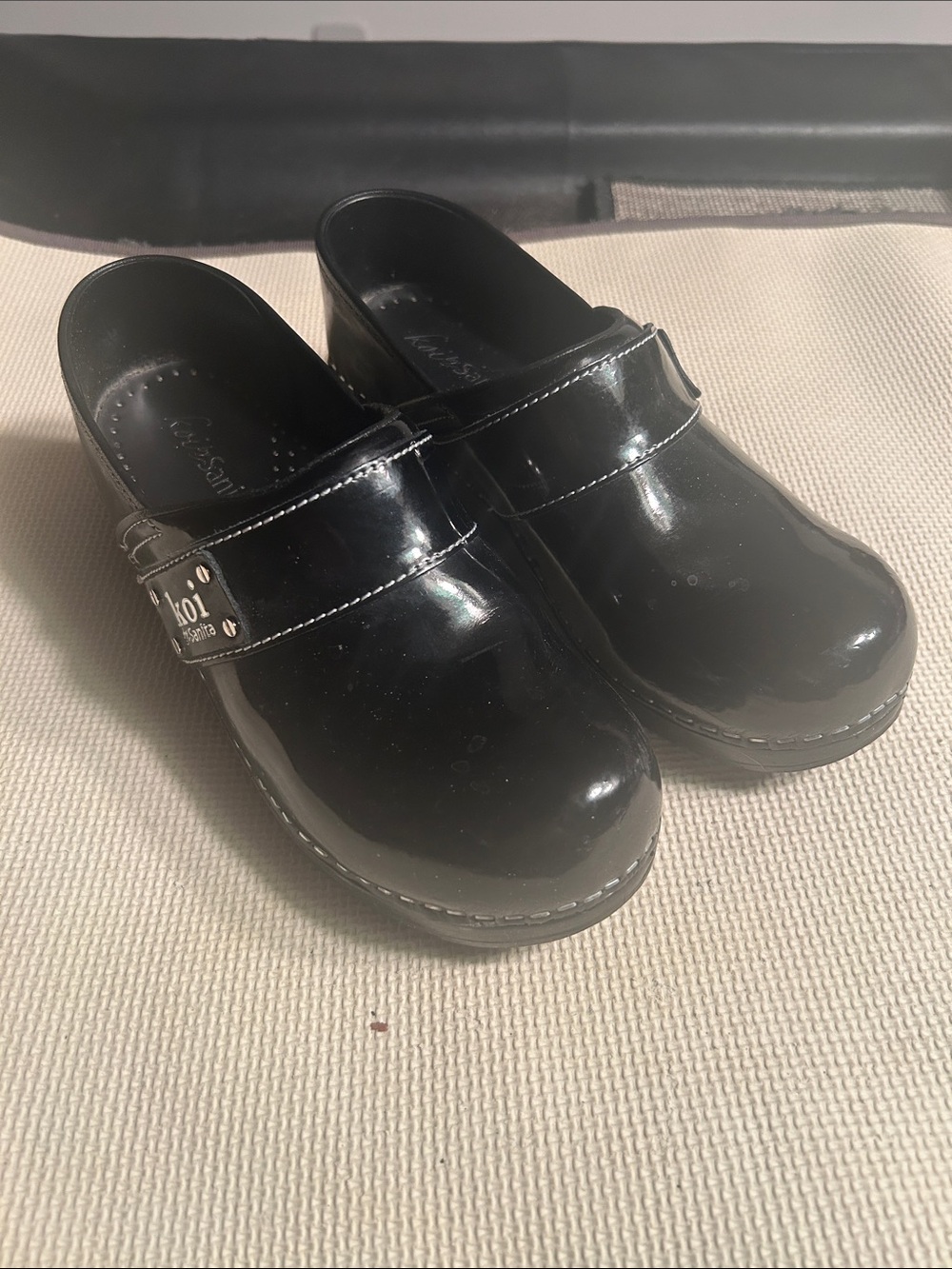 Sanita Black Patent Leather Clog Mules